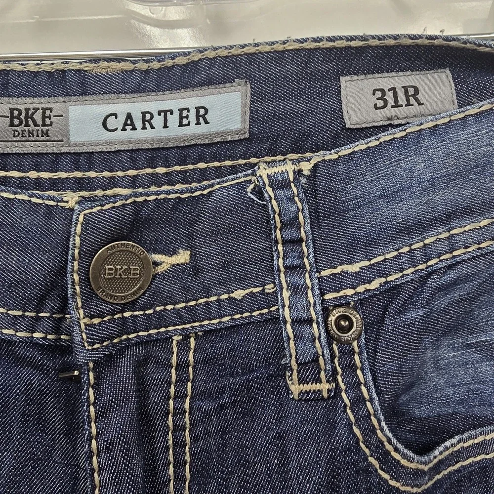 BKE Buckle Carter Straight Jeans Size 31 R   Mens Blue Denim Cotton Thick Stitch